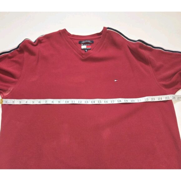 Tommy Hilfiger V Neck Sweater Mens XXL Logo Pull Over Red Striped Arm Vintage Bl - Picture 4 of 10